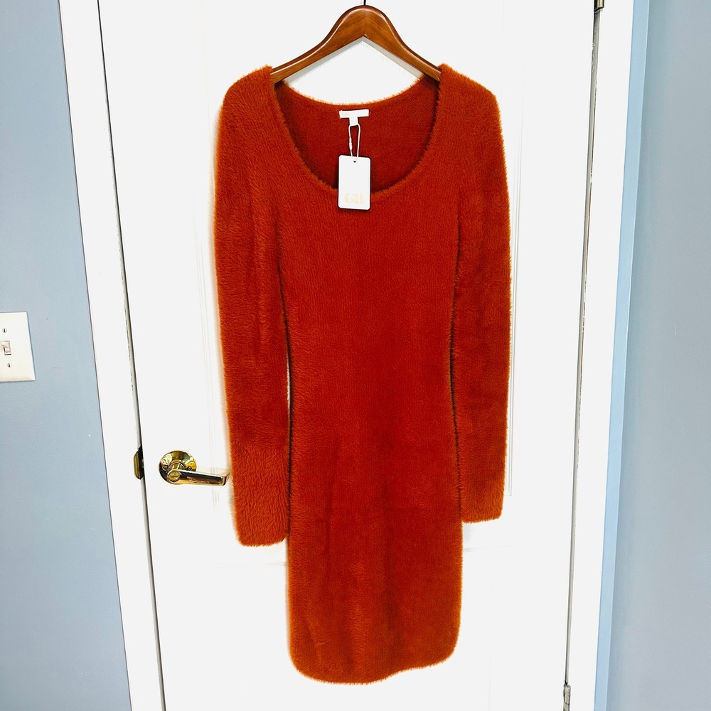 GB Women Burnt Orange Fuzzy Eyelash Knit Long Sleeve Mini Sweater Dress Large